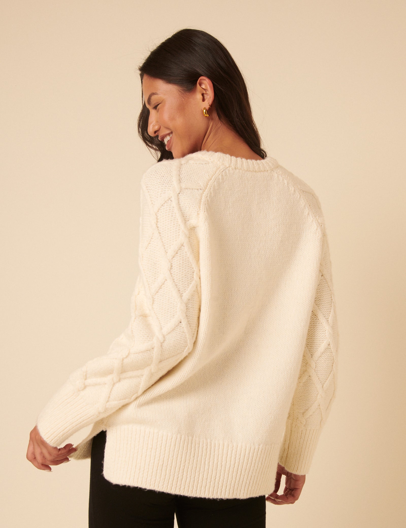 White Crew Neck Cable Oversized Jumper