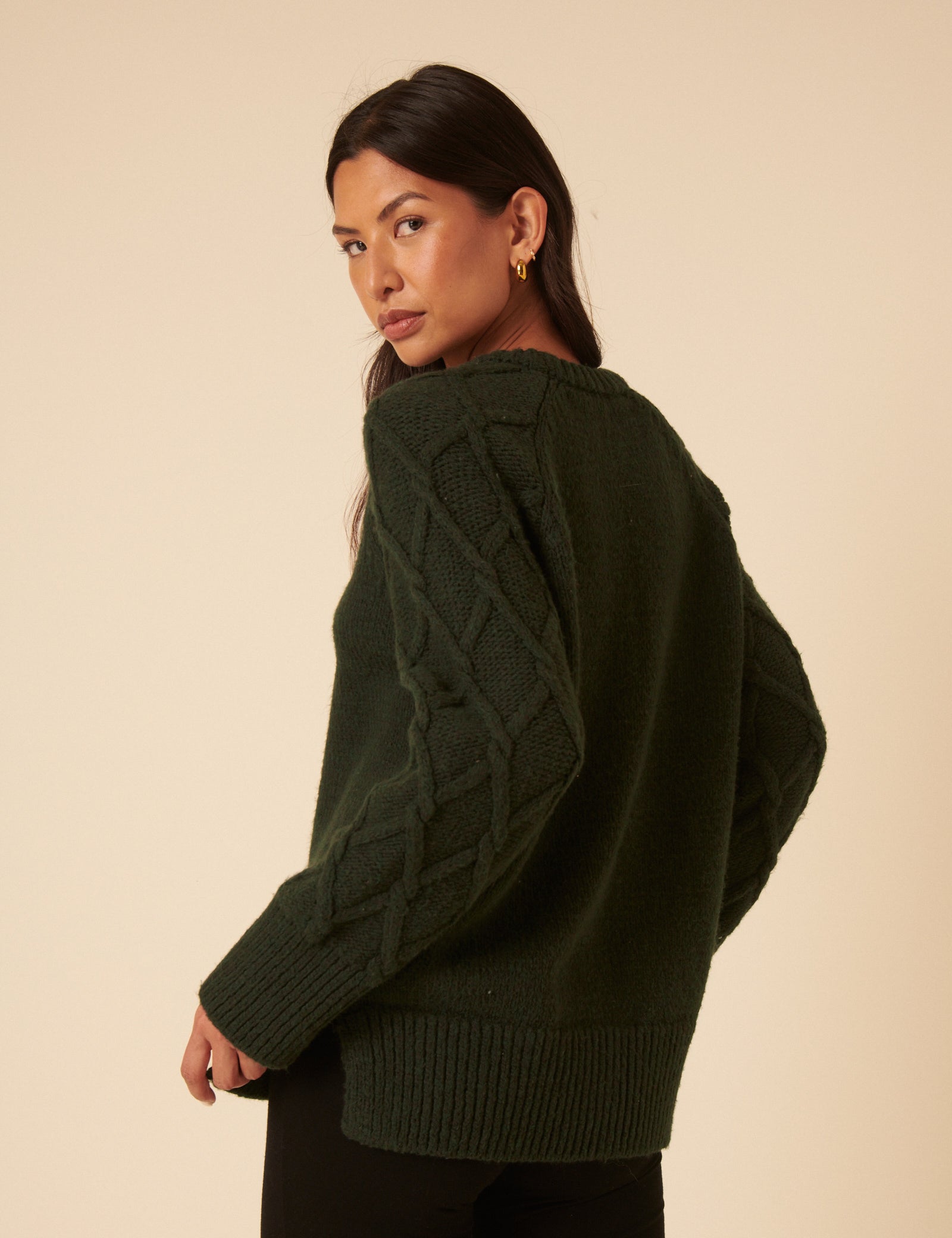 Forest Green Crew Neck Cable Oversized Jumper
