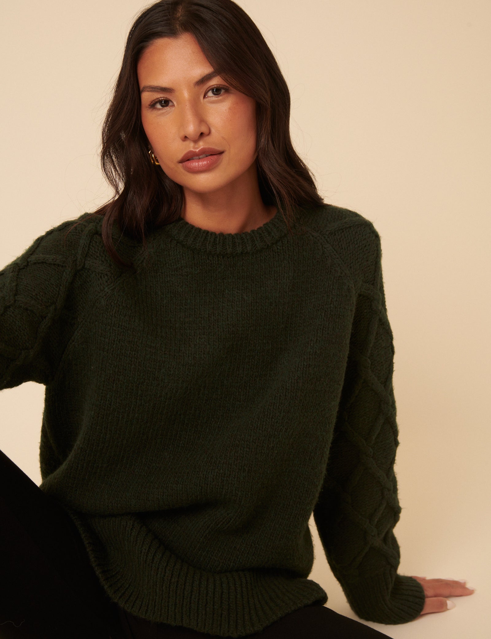 Forest Green Crew Neck Cable Oversized Jumper