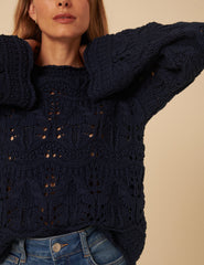 Navy Blue Chunky Pointelle Jumper