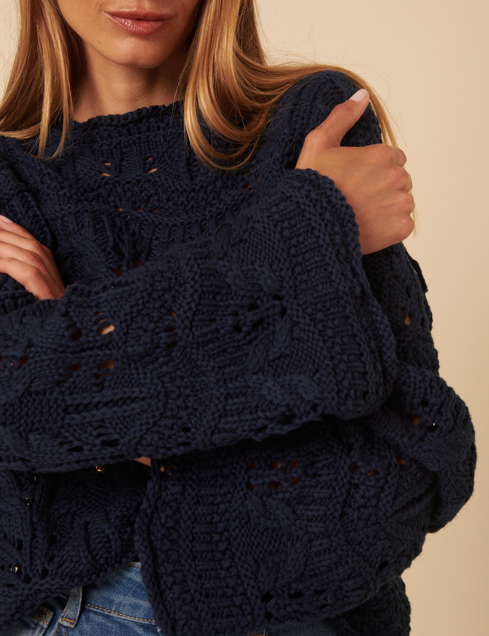 Navy Blue Chunky Pointelle Jumper