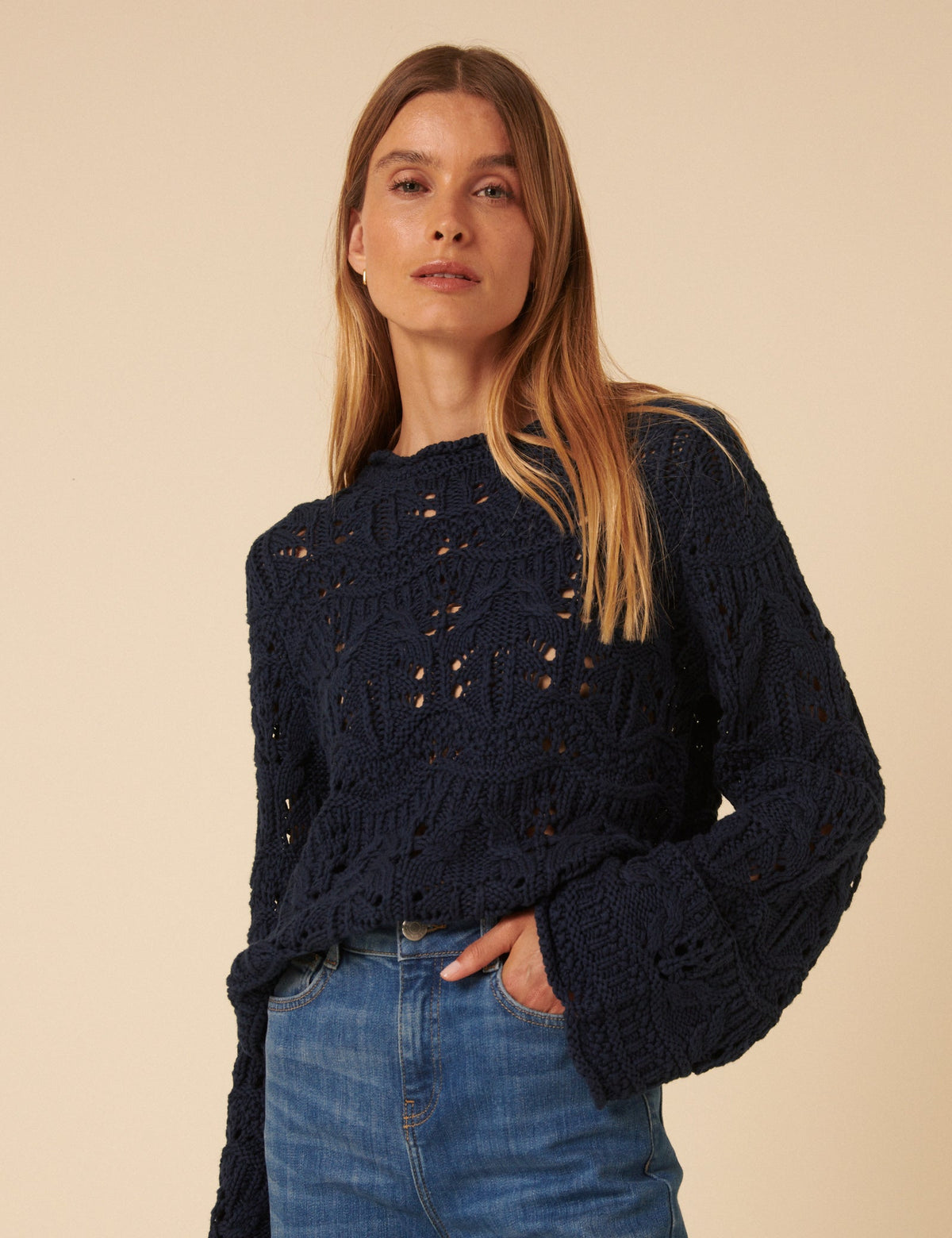 Navy Blue Chunky Pointelle Jumper