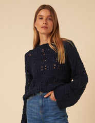Navy Blue Chunky Pointelle Jumper