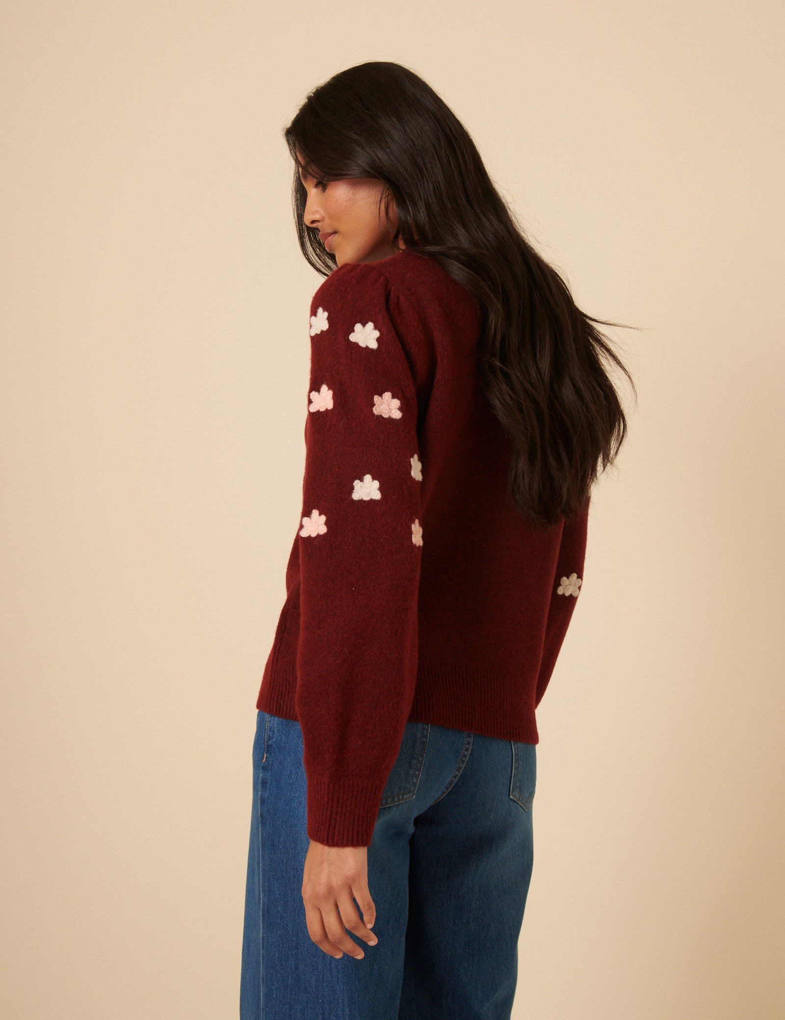 Burgundy Flower Embroidered Jumper