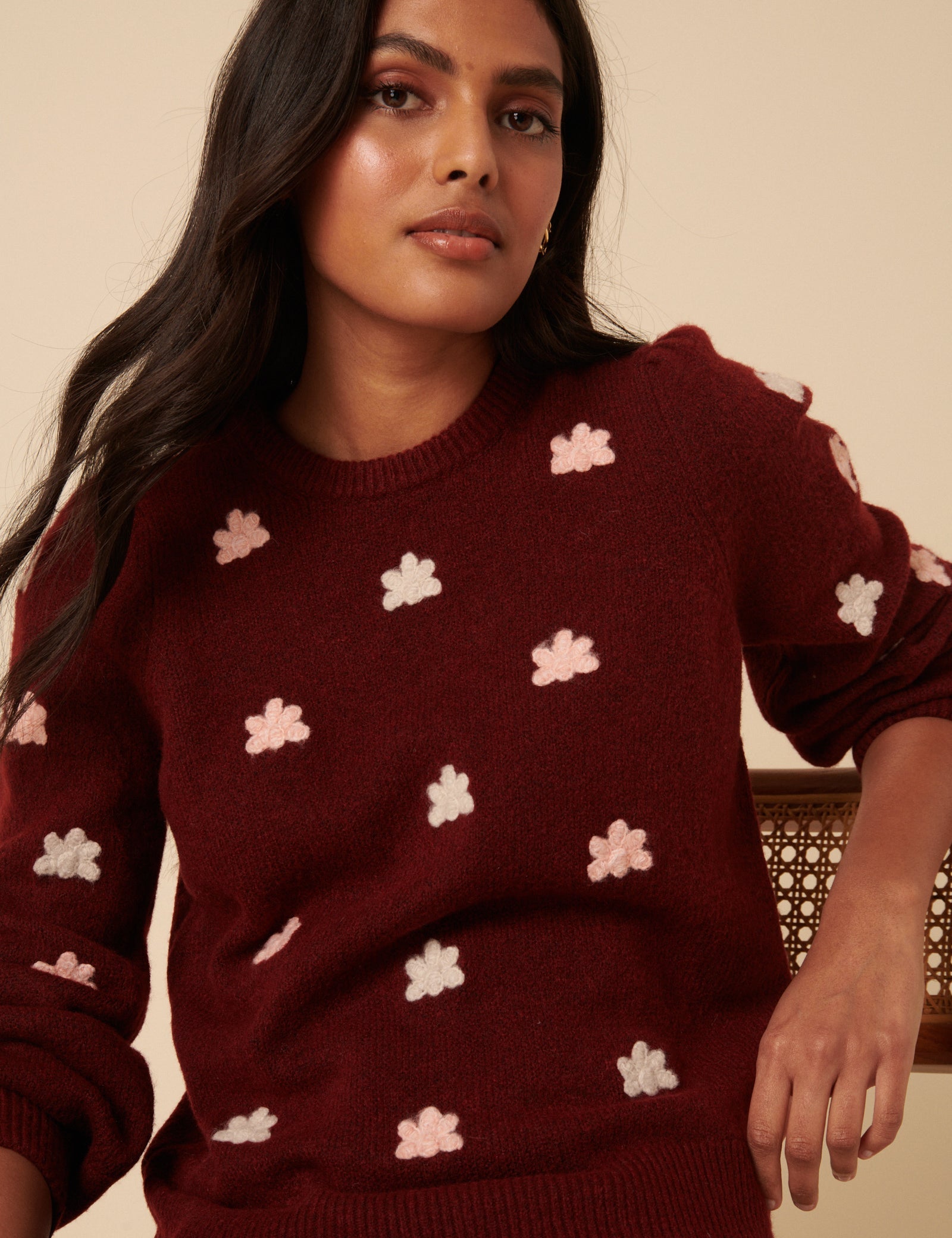 Burgundy Flower Embroidered Jumper