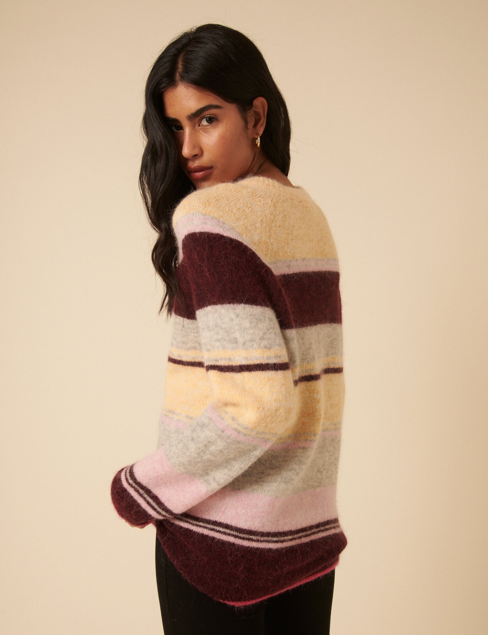 Fluffy Striped Alpaca and Wool Blend Oversized Jumper