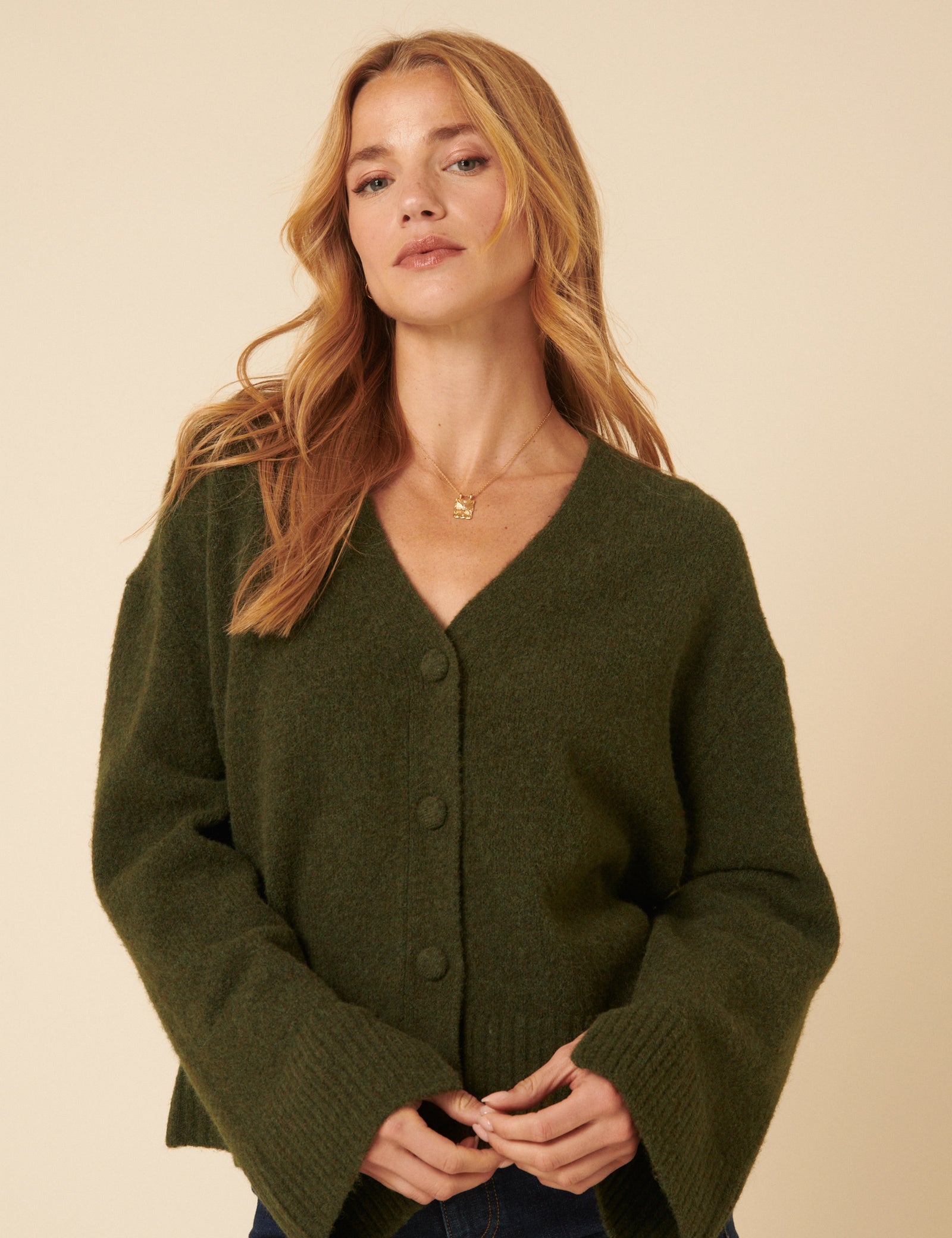 Khaki V-Neck Relaxed Fit Cardigan