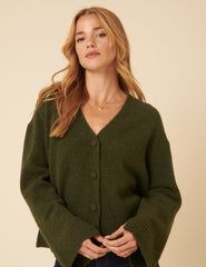 Khaki V-Neck Relaxed Fit Cardigan