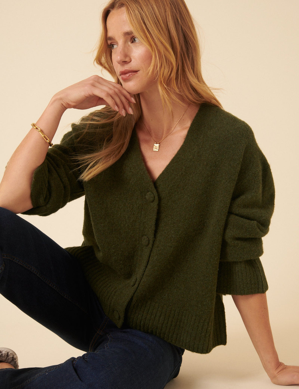 Khaki V-Neck Relaxed Fit Cardigan