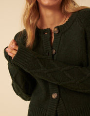 Khaki Cable Knit Crew Neck Cardigan