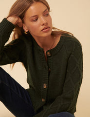 Khaki Cable Knit Crew Neck Cardigan