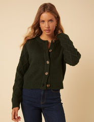 Khaki Cable Knit Crew Neck Cardigan