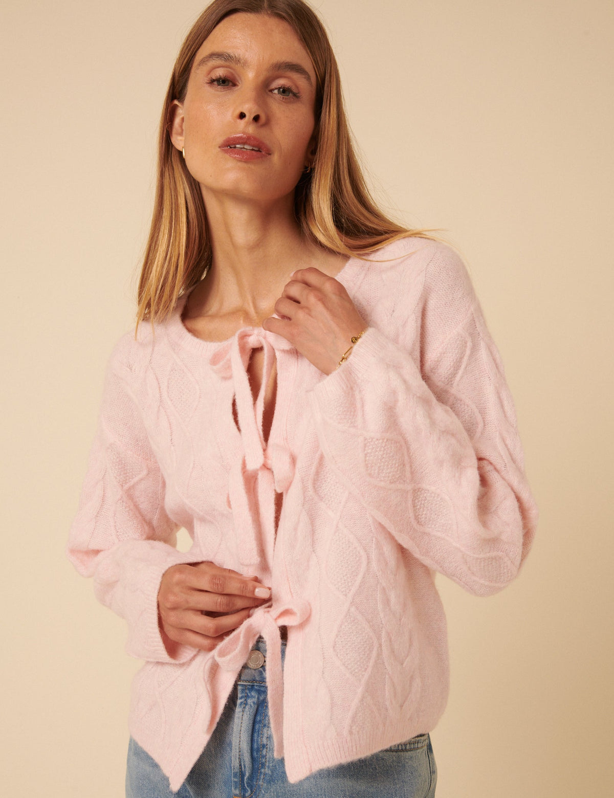 Pink Tie Front Cable Knitted Cardigan