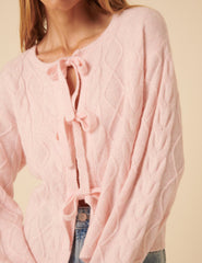 Pink Tie Front Cable Knitted Cardigan