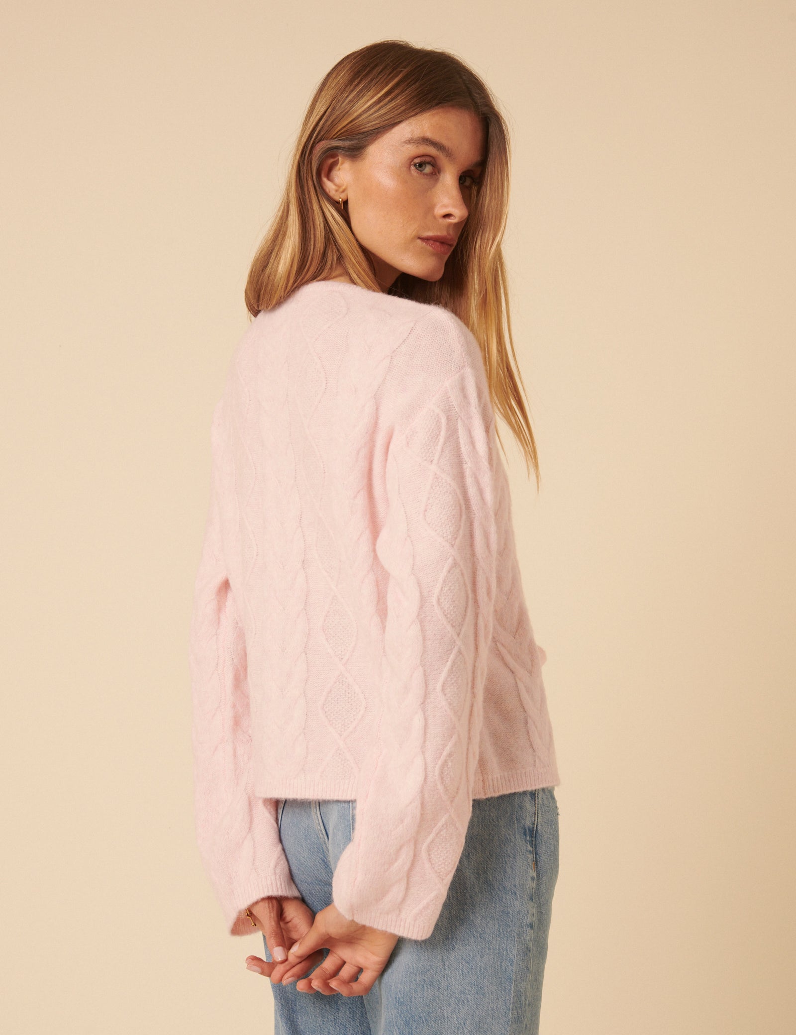 Pink Tie Front Cable Knitted Cardigan