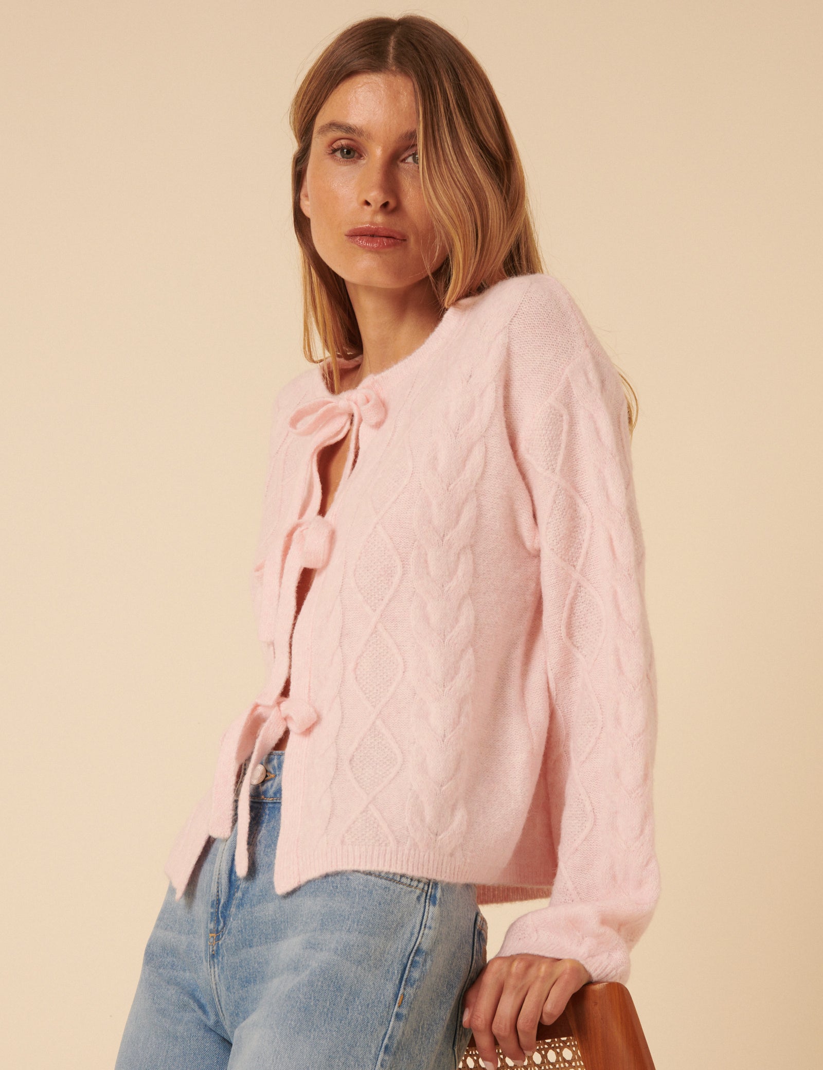 Pink Tie Front Cable Knitted Cardigan