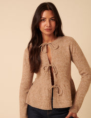 Light Brown Tie Front Peplum Cardigan