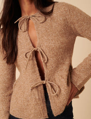 Light Brown Tie Front Peplum Cardigan