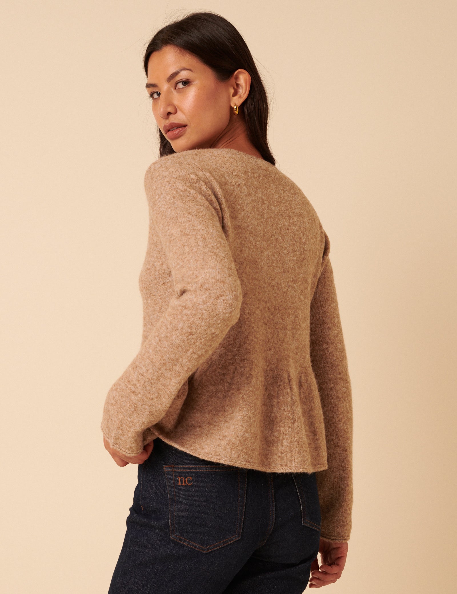 Light Brown Tie Front Peplum Cardigan