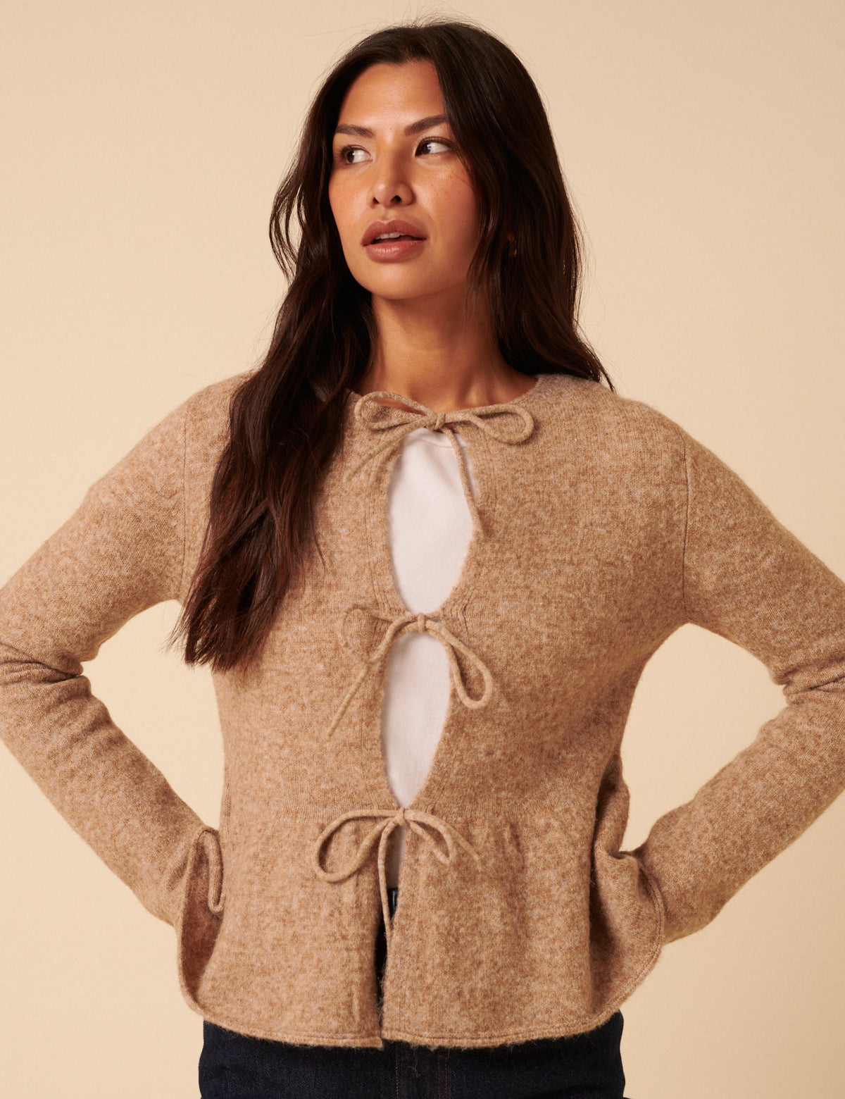 Light Brown Tie Front Peplum Cardigan