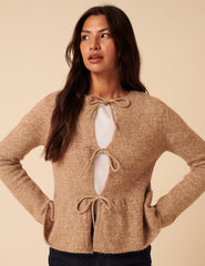 Light Brown Tie Front Peplum Cardigan
