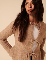 Light Brown Tie Front Peplum Cardigan