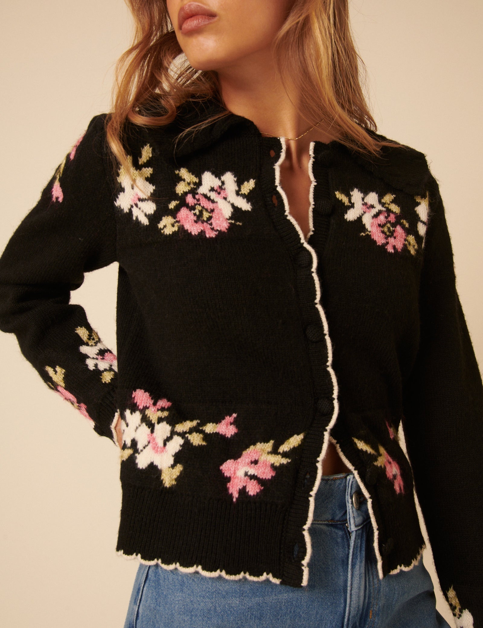 Black Floral Jacquard Collared Cardigan