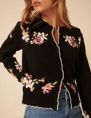 Black Floral Jacquard Collared Cardigan