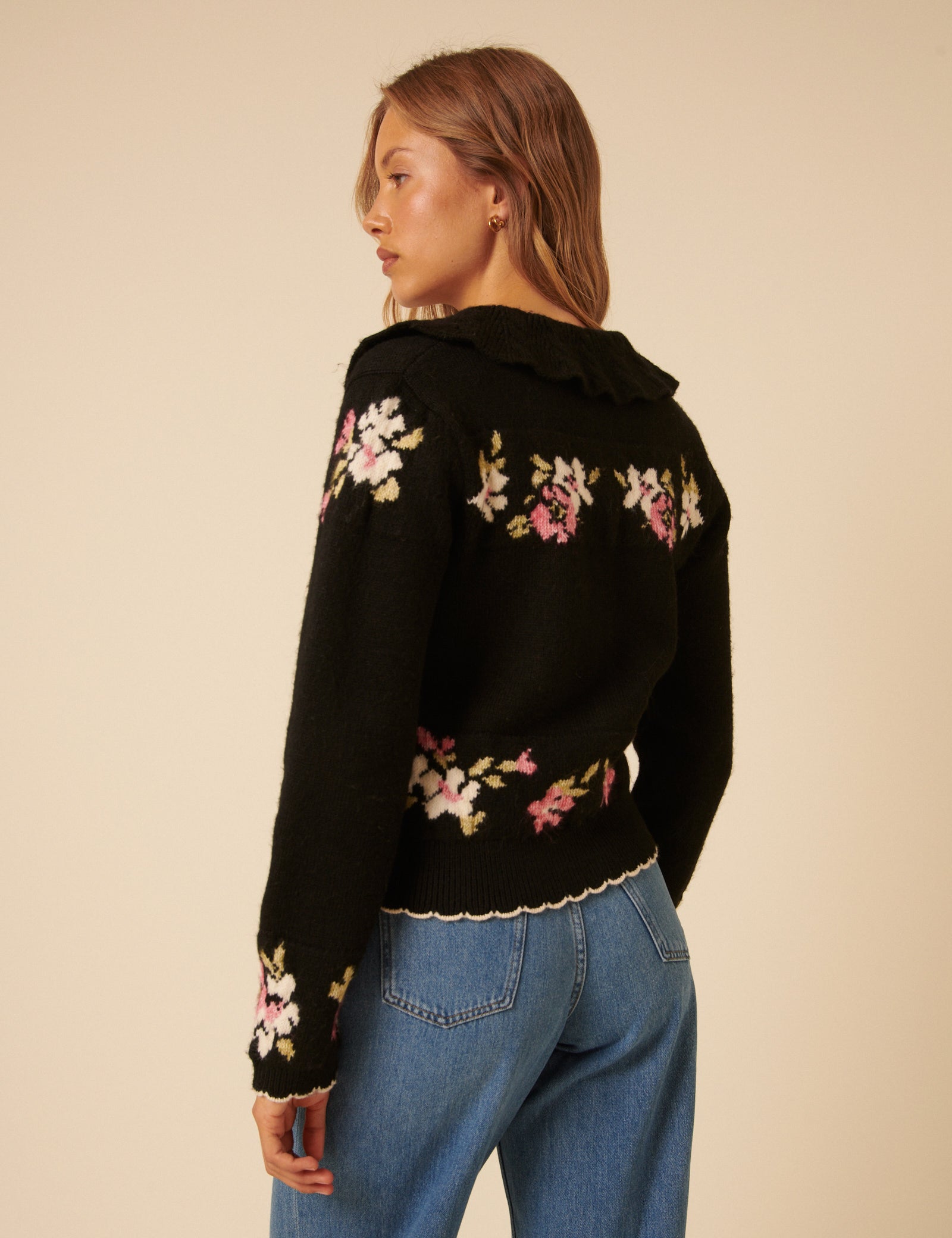 Black Floral Jacquard Collared Cardigan