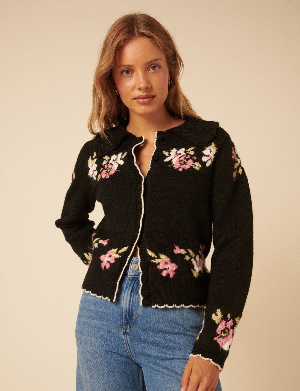 Black Floral Jacquard Collared Cardigan