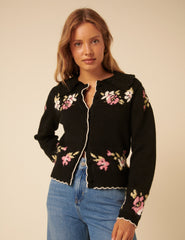 Black Floral Jacquard Collared Cardigan