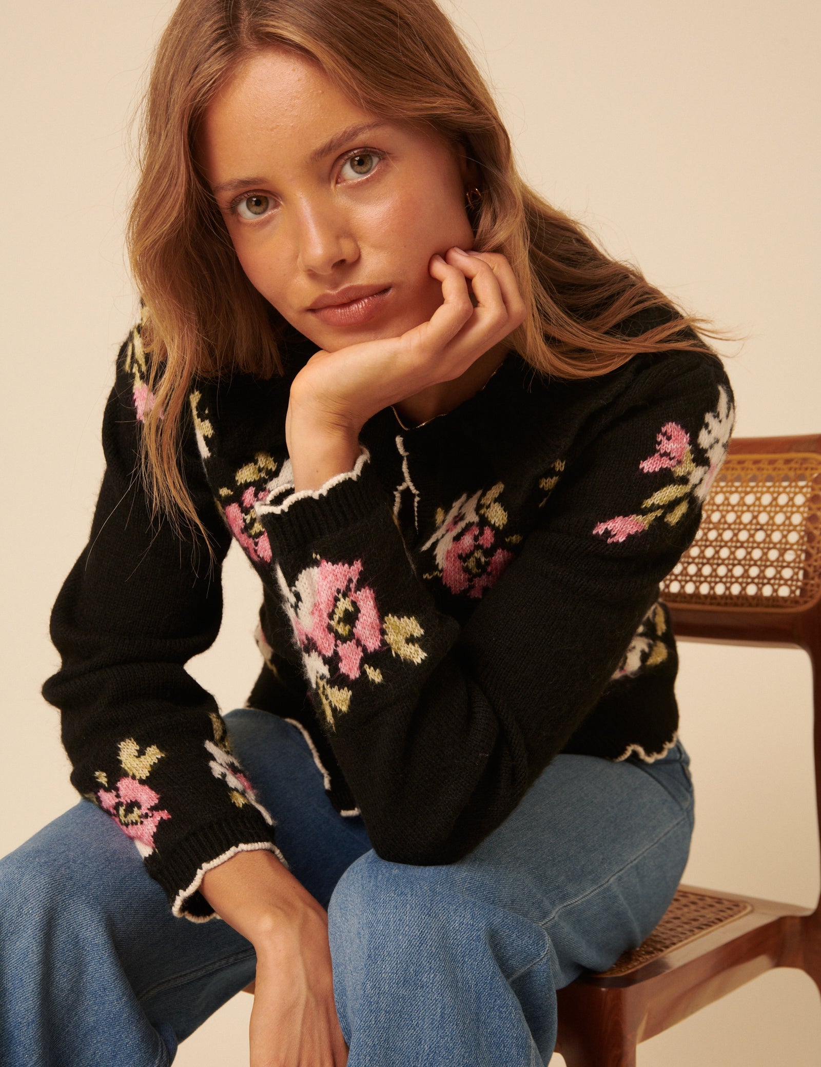 Black Floral Jacquard Collared Cardigan