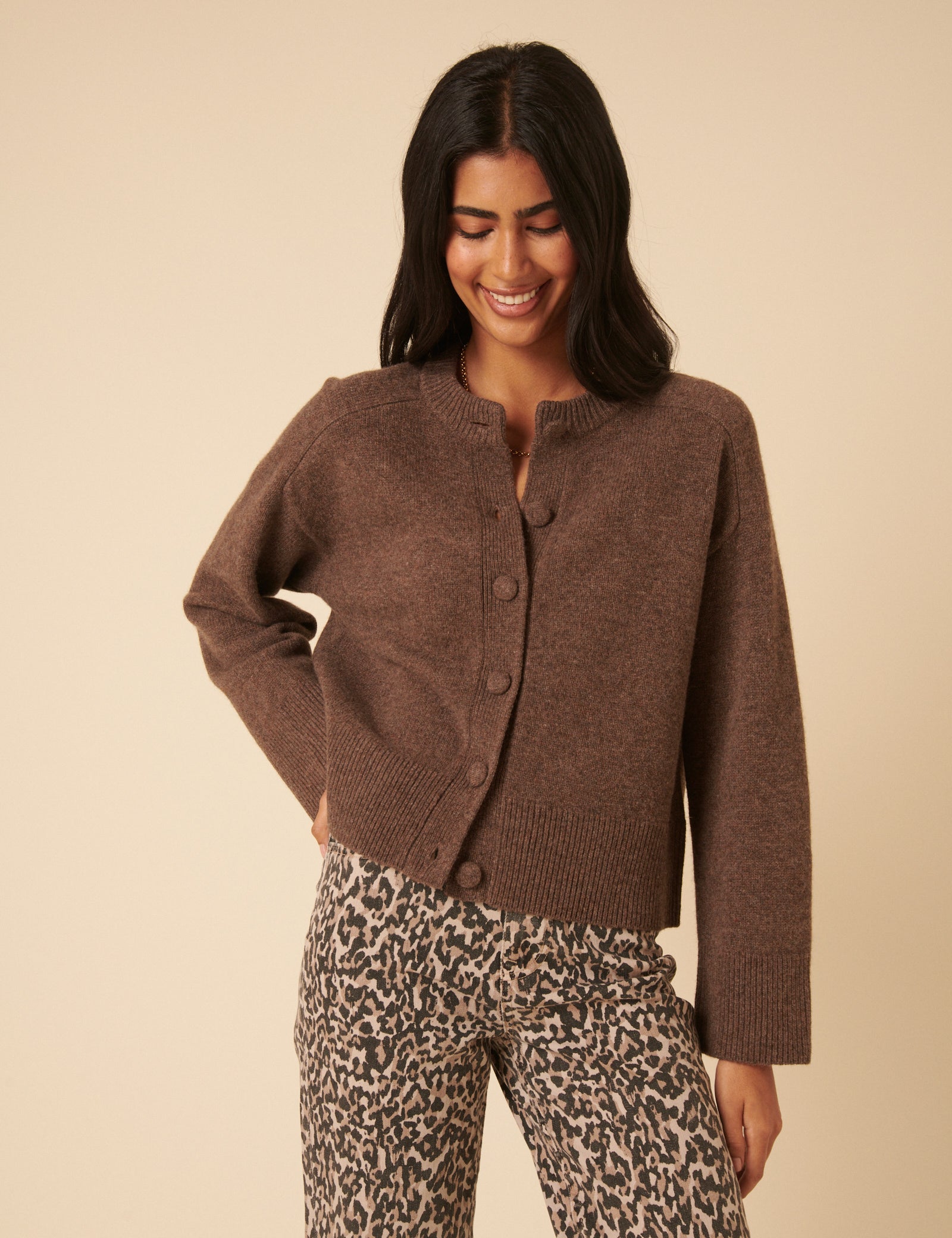 Brown Wool Crew Neck Cardigan
