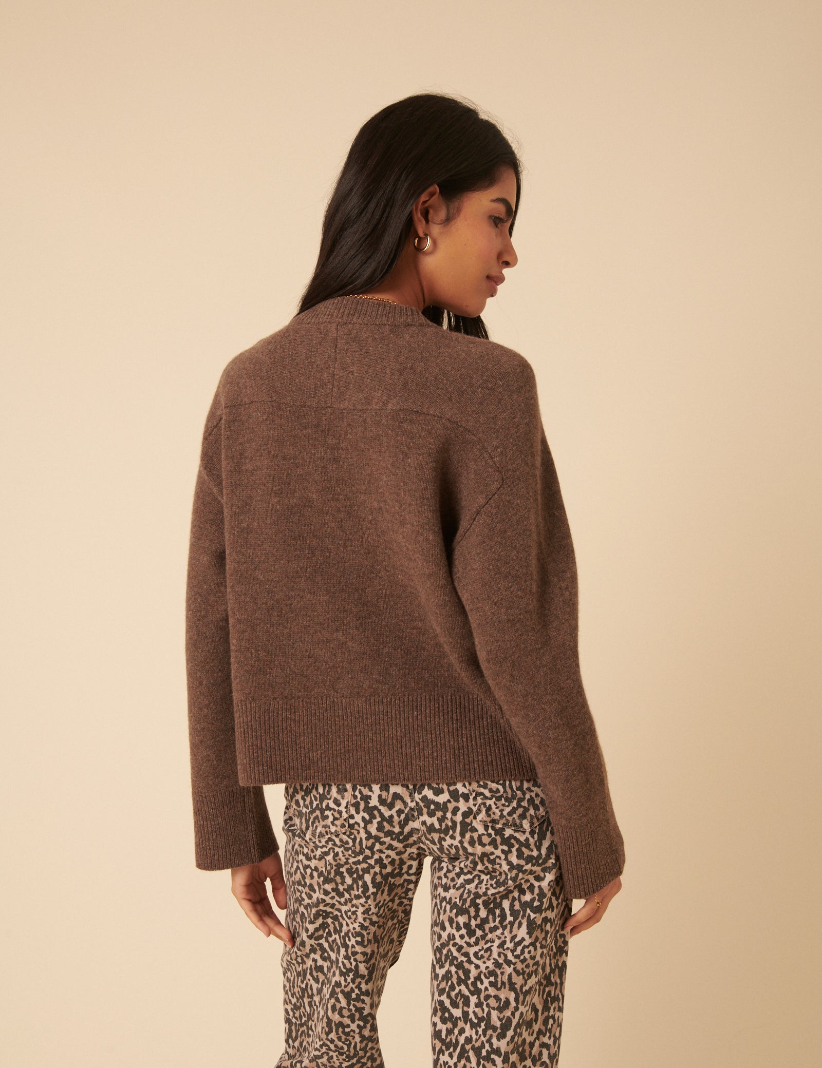 Brown Wool Crew Neck Cardigan