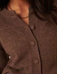Brown Wool Crew Neck Cardigan