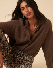 Brown Wool Crew Neck Cardigan