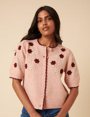 Pink Floral Yoke Embroidered Short Sleeve Cardigan