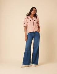 Pink Floral Yoke Embroidered Short Sleeve Cardigan