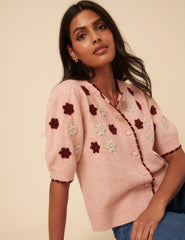Pink Floral Yoke Embroidered Short Sleeve Cardigan