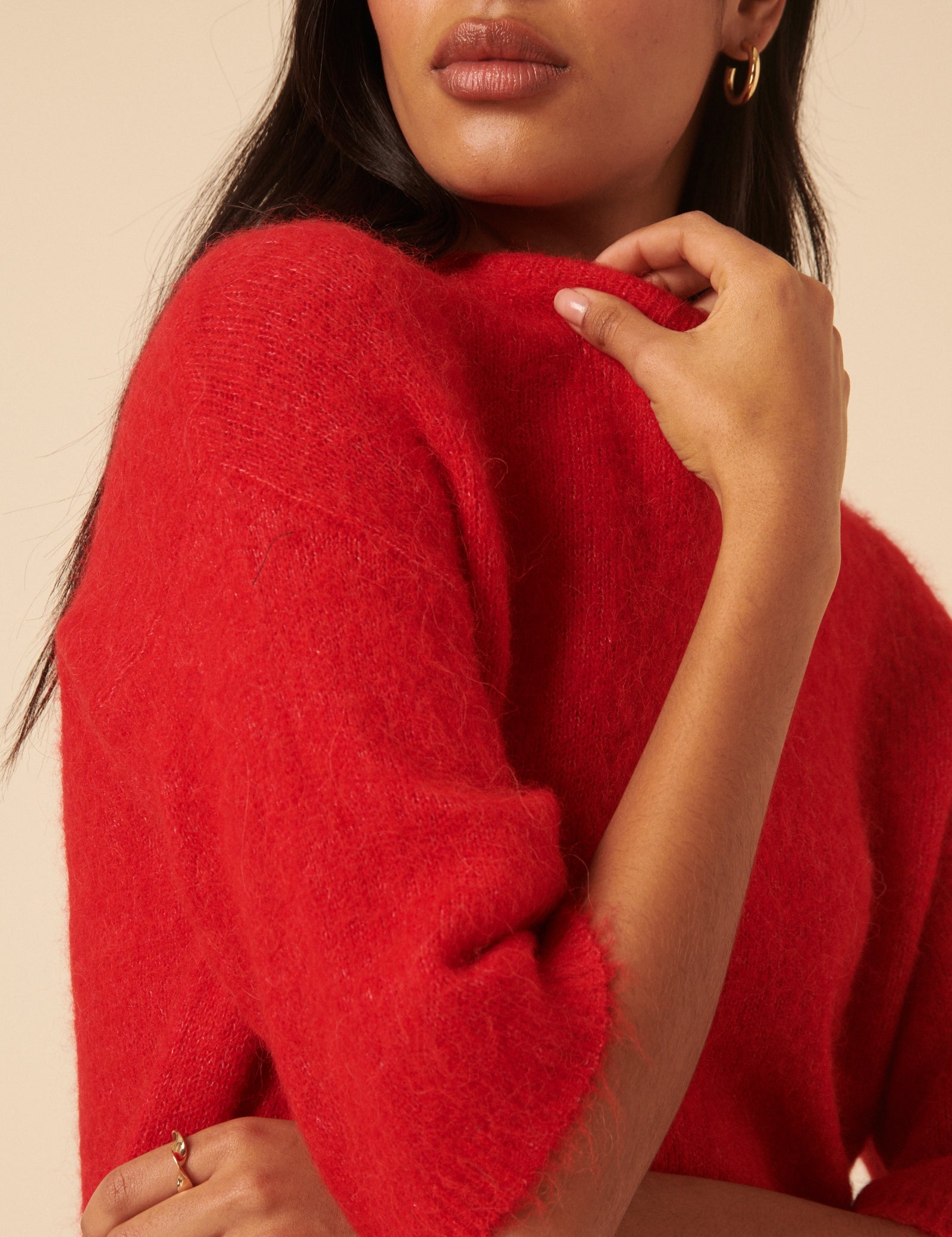 Red Fluffy Alpaca and Wool Blend Oversized Short Sleeve Jumper