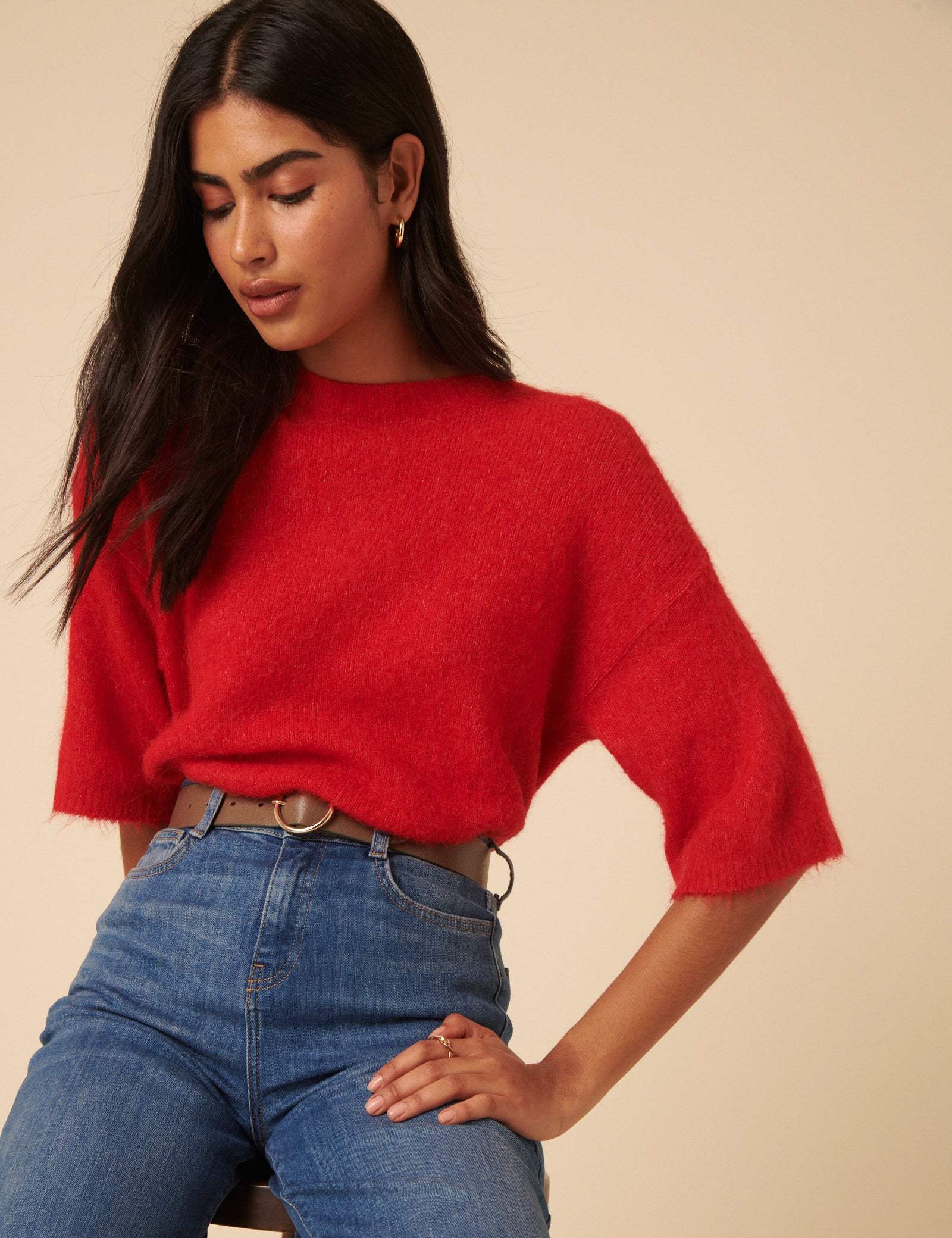 Red Fluffy Alpaca and Wool Blend Oversized Short Sleeve Jumper