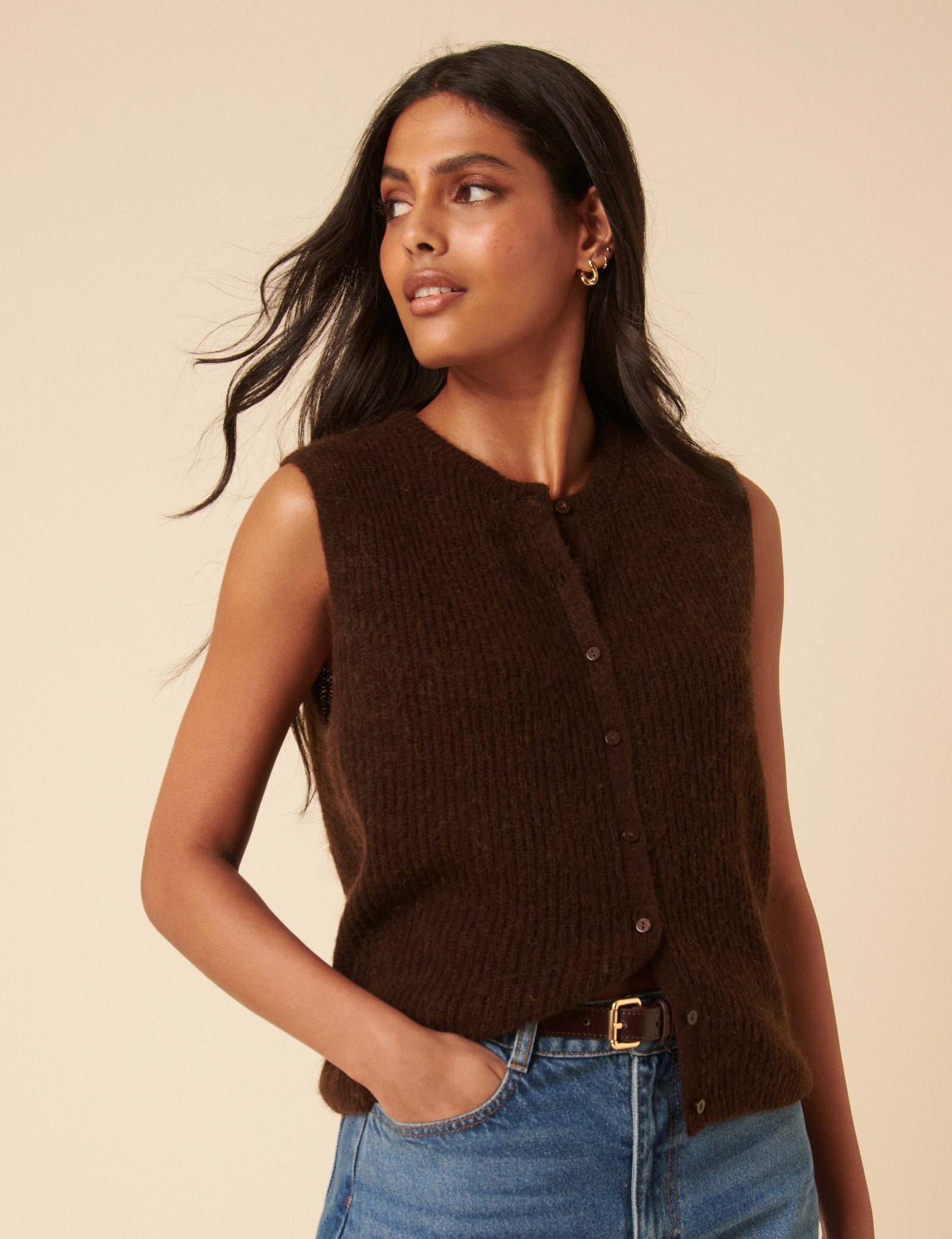 Brown Button Down Mohair Knitted Vest