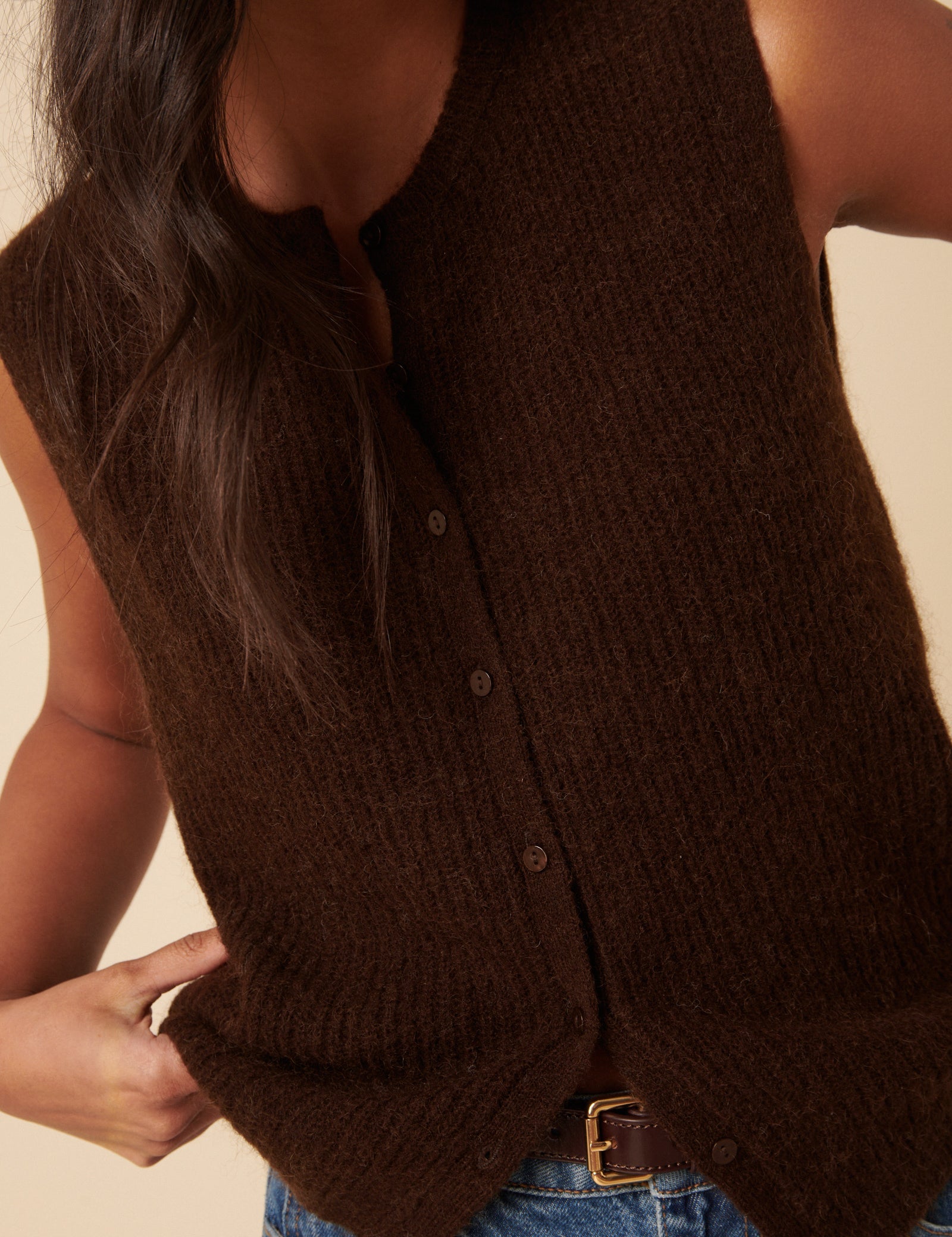 Brown Button Down Mohair Knitted Vest