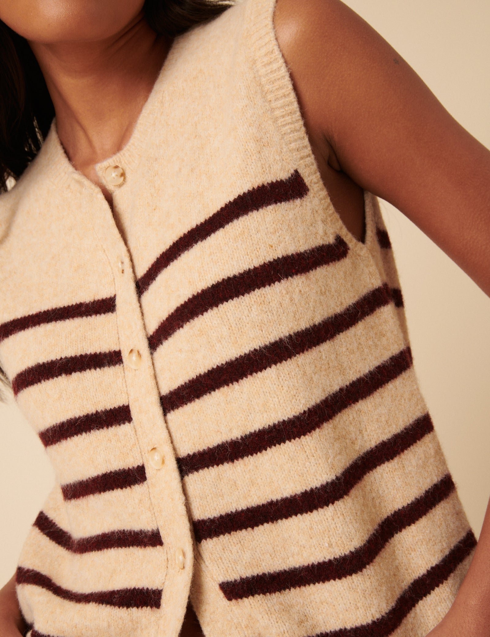 Beige Striped Button Through Knitted Vest