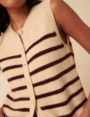 Beige Striped Button Through Knitted Vest