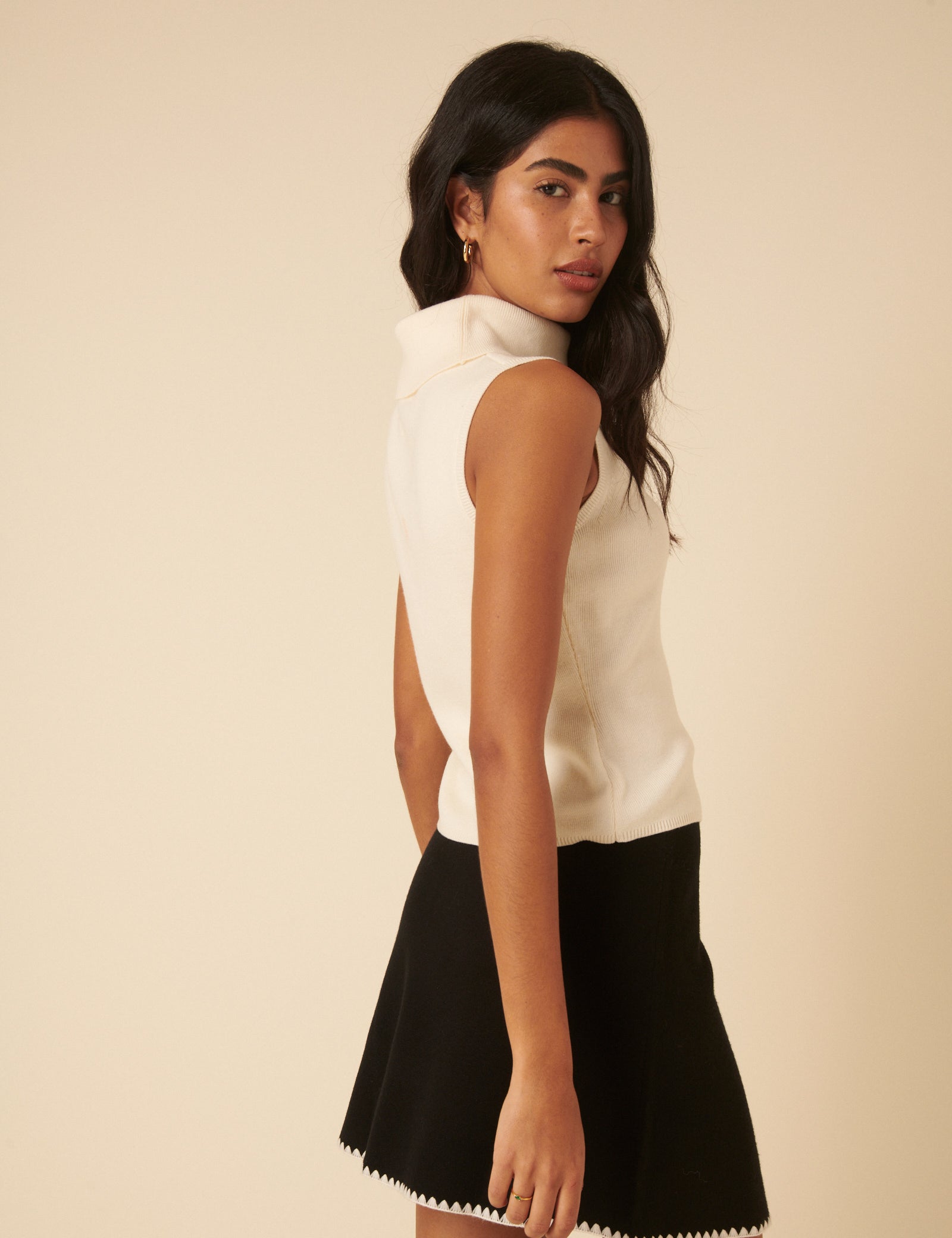 White Ribbed Knitted Roll Neck Vest Top