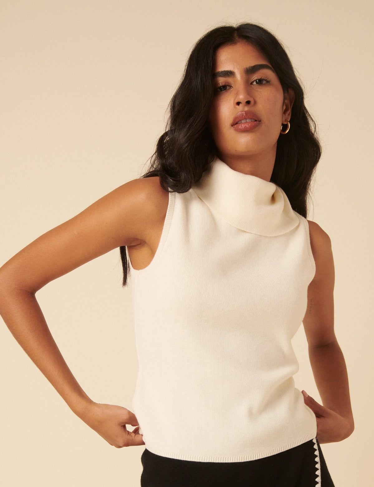 White Ribbed Knitted Roll Neck Vest Top