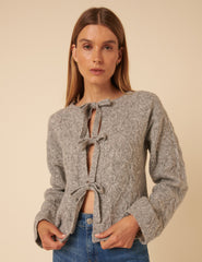 Grey Tie Front Cable Knitted Cardigan