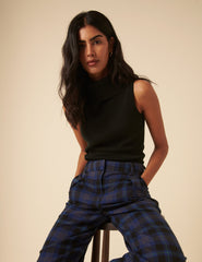 Black Ribbed Knitted Roll Neck Vest Top