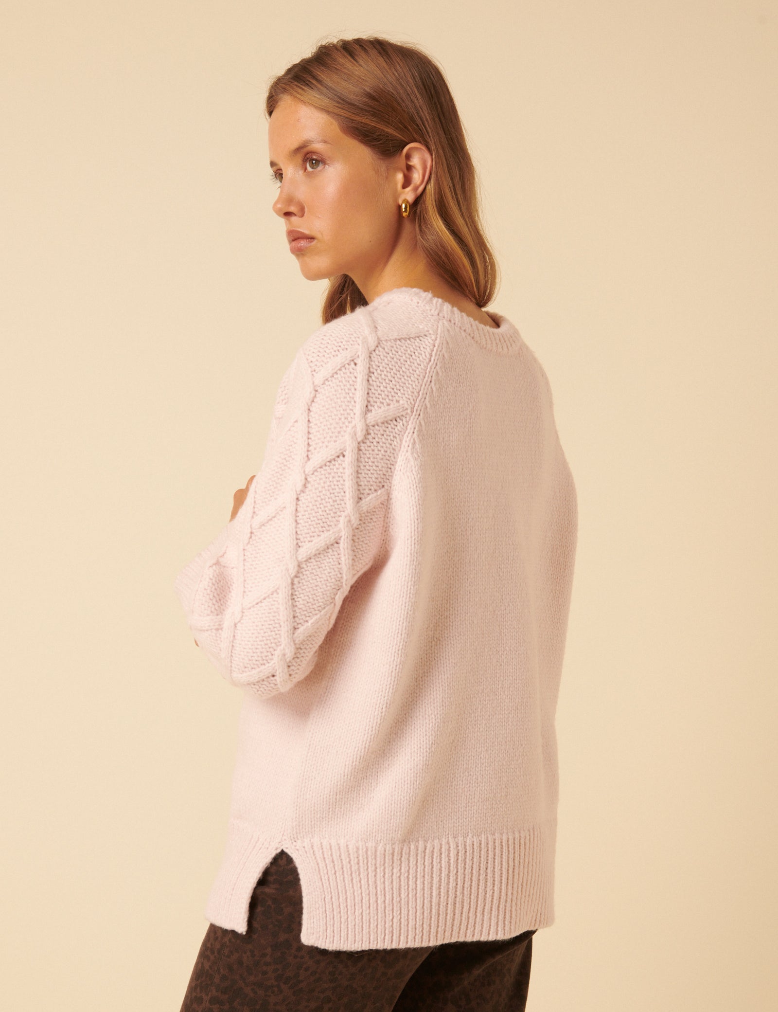 Light Pink Cable Knit Crew Neck Cardigan